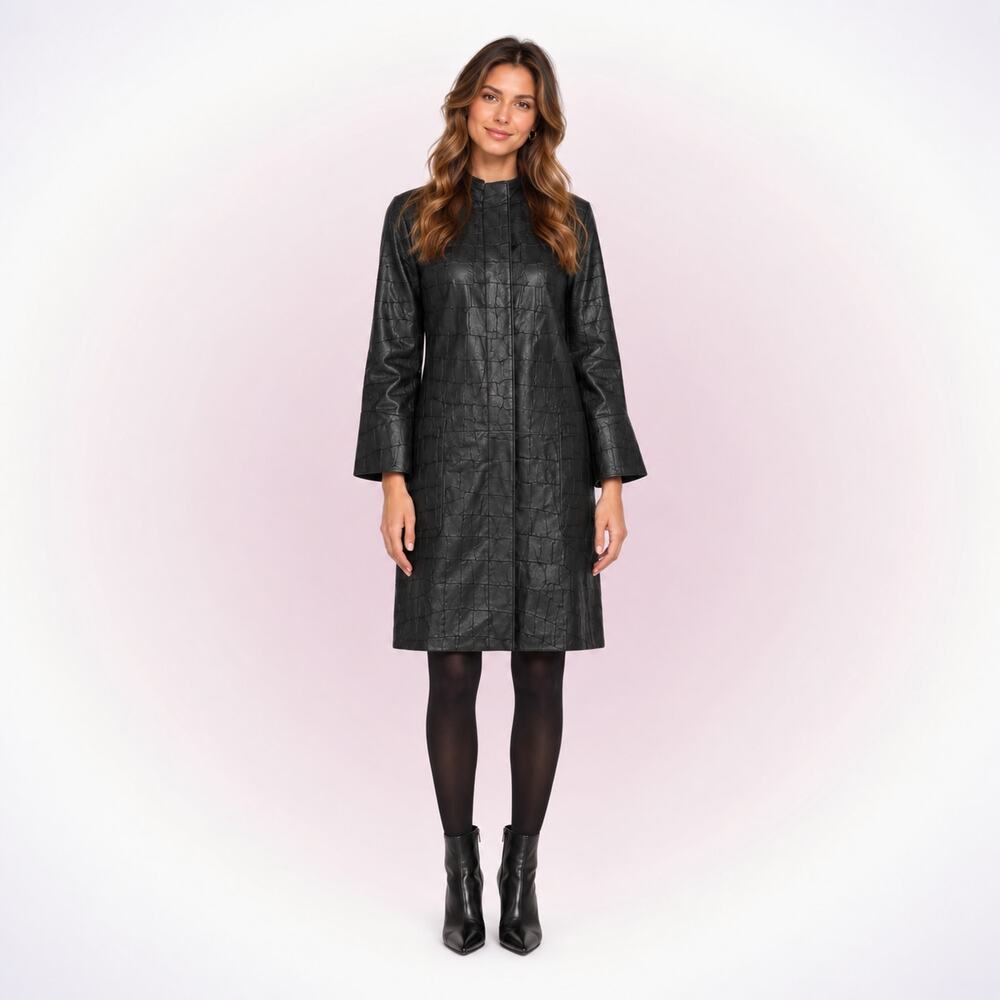 Dawn Levy Croc-Embossed Leather Midi Jacket Black | Sz S